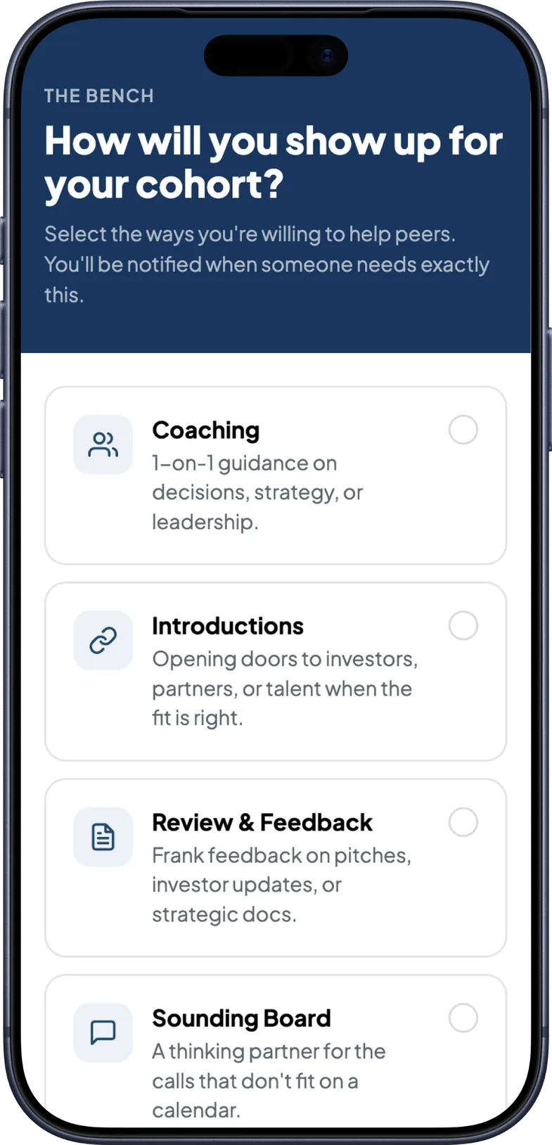 The Bench prototype asking how you will show up for your cohort, offering coaching, introductions, review and feedback, or sounding board